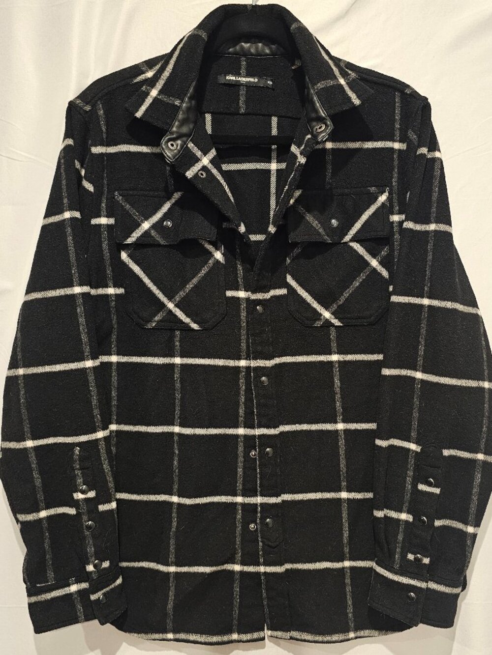 Karl Lagerfeld Men's Medium Black Plaid Shirt Long Sleeve Snap Button Up